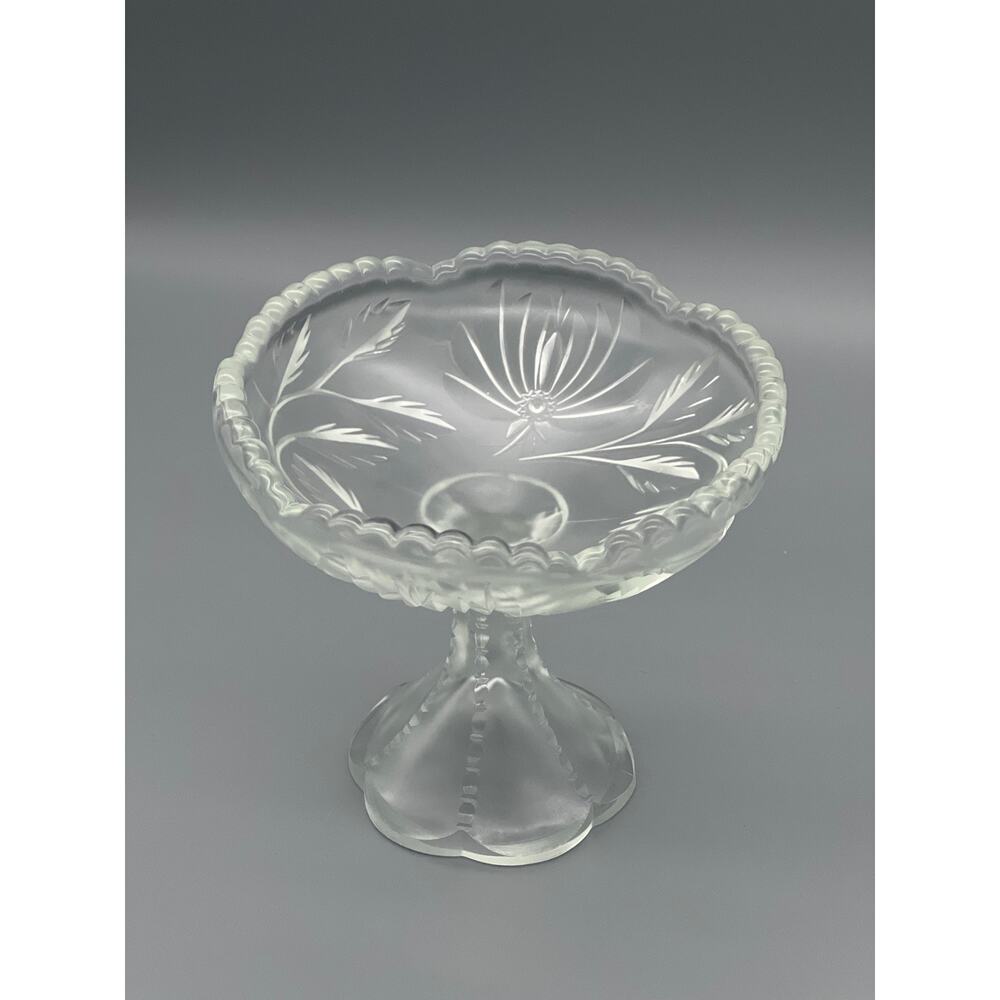 Antique Fenton Frosted Glass Scalloped Pedestal Etched Candy Dish